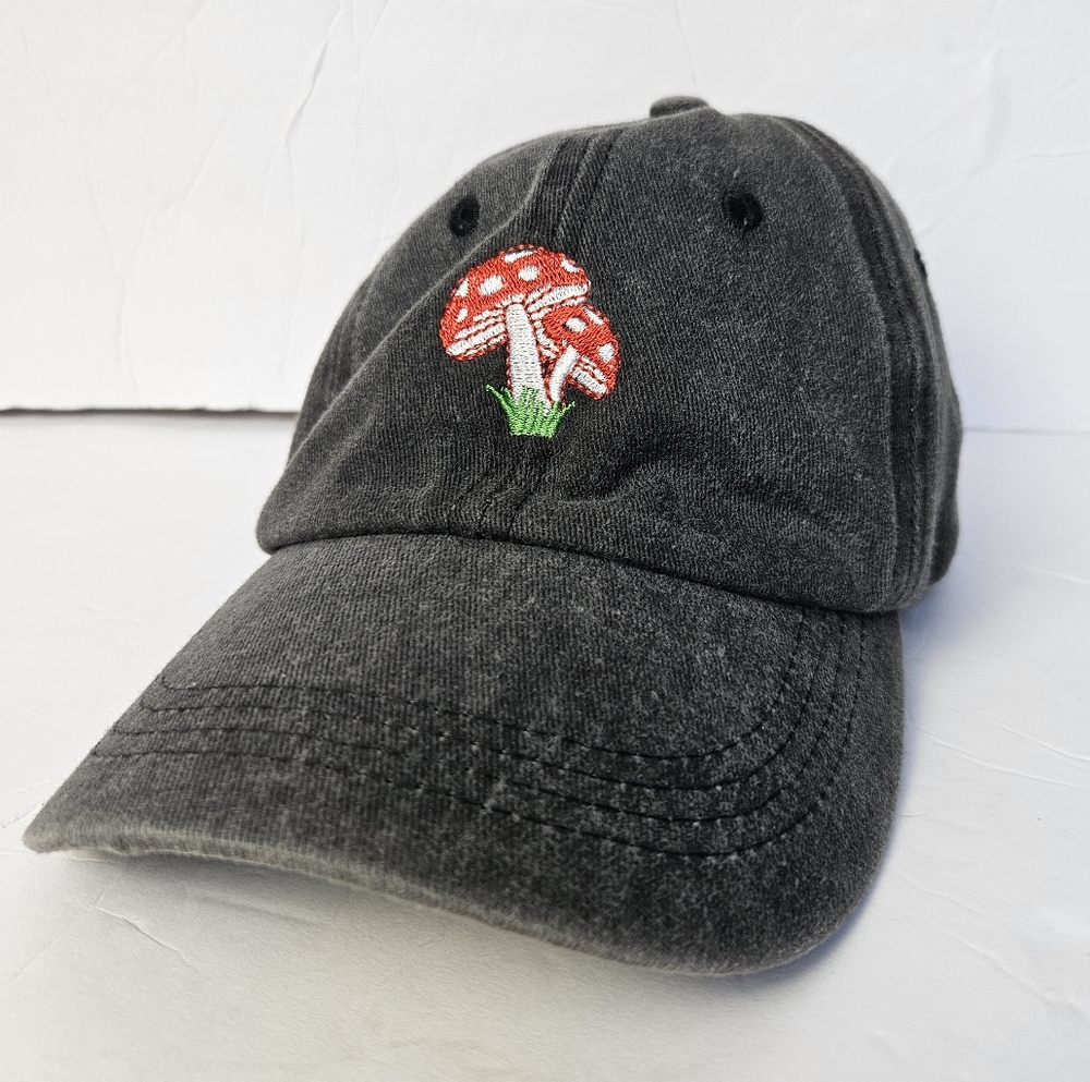 Unisex Embroidered Mushroom‎ Cap Adjustable Light Wash Black Hat